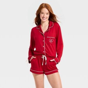 Auden Women's Jersey Long Sleeve Collar Shirt and Shorts Pajama Set